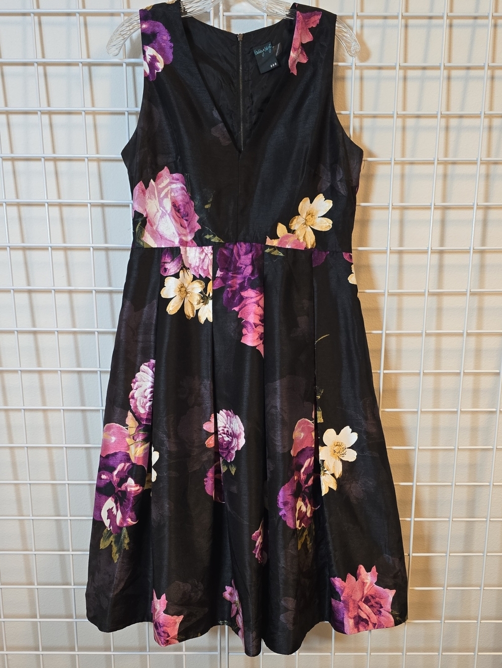 Gabby Skye Black Floral Midi Dress with Pink, Purple & Cream Blooms Size 12